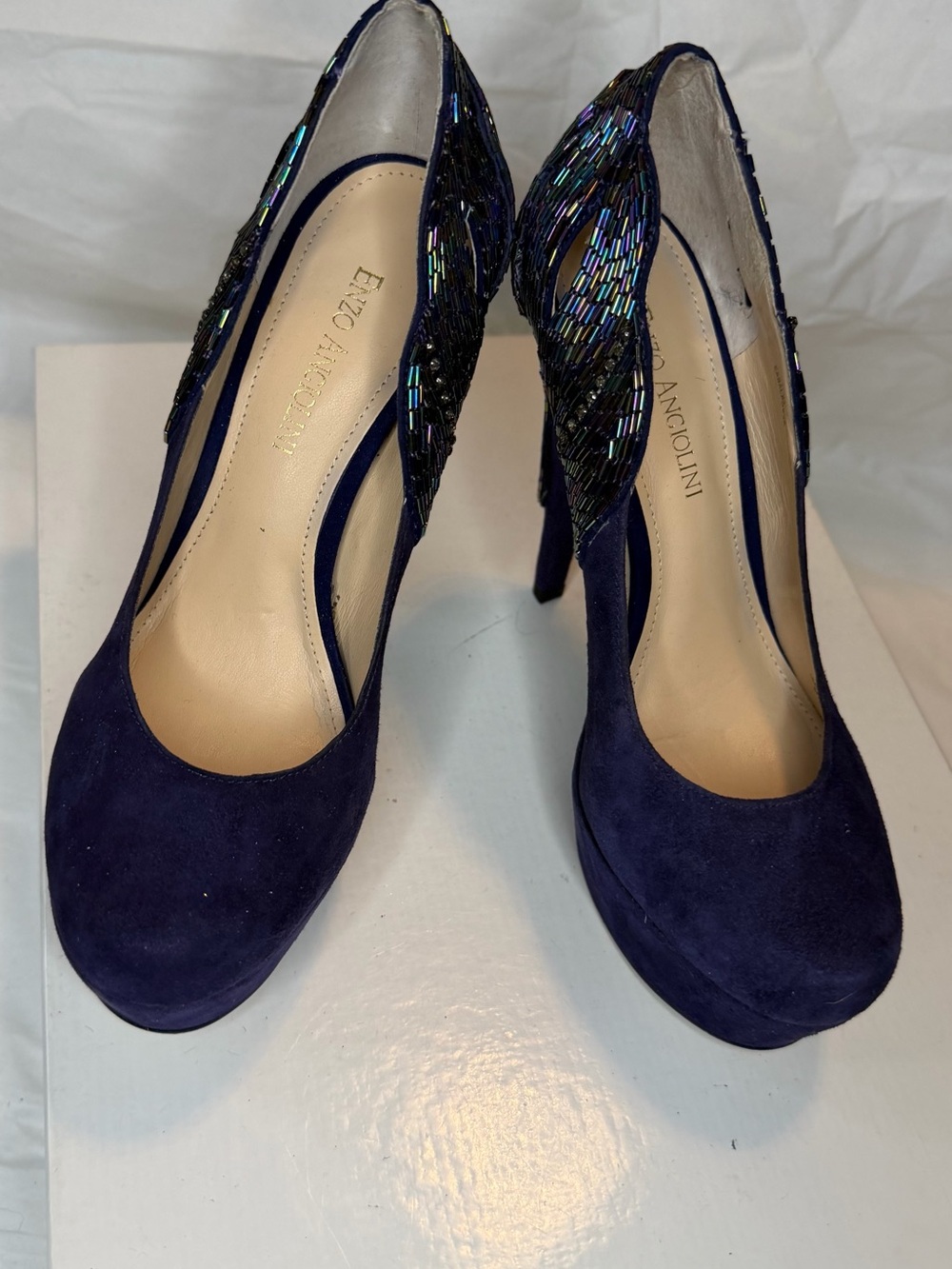 Enzo Angiolini Navy Suede Beaded Platform Pumps